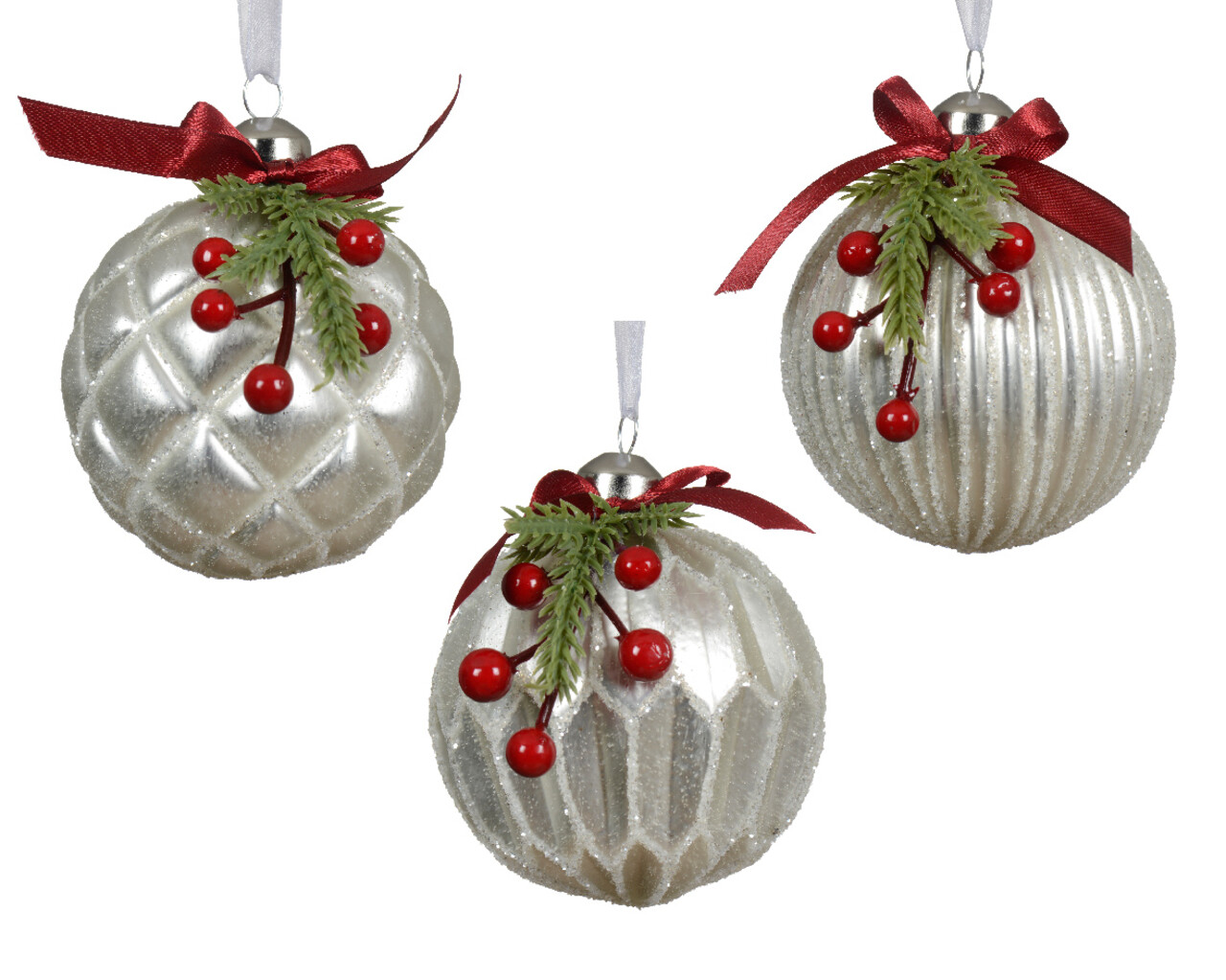 Set 3 globuri Snow finish w berries, Decoris, 8 cm, sticla, alb - imagine 4